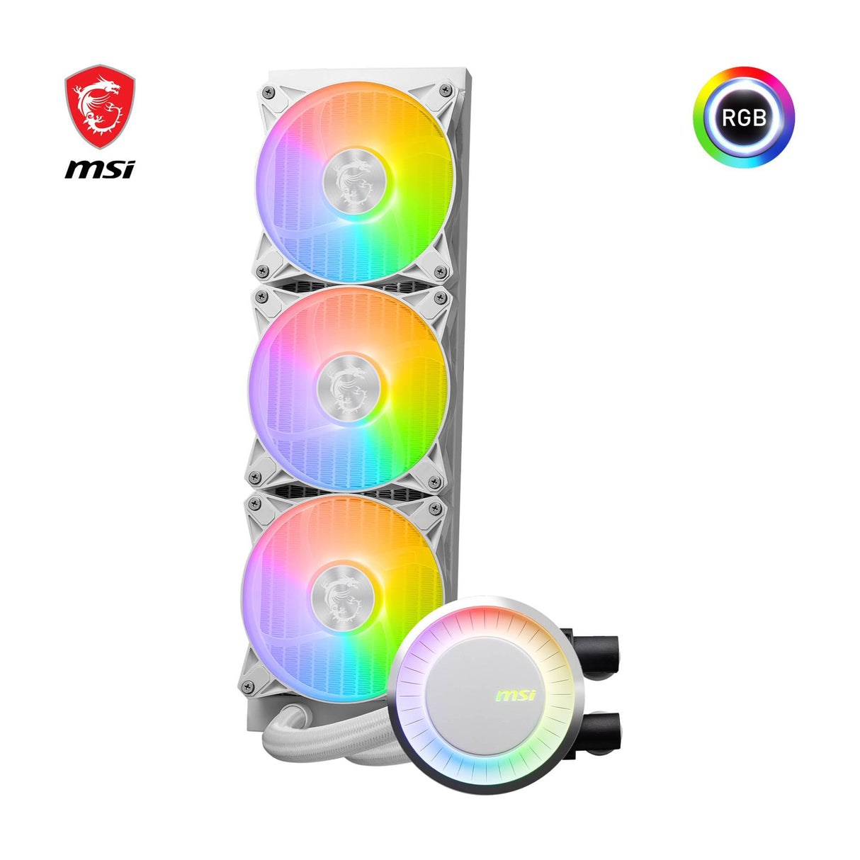 MSI MAG CORELIQUID E360 Refrigeración líquida CPU - Cold plate de Cobre Ampliada, ARGB y Ventiladores FDB,Bloque de Agua Cámara-Dual, Radiador Flujo Dividido, Mystic Light-Intel y AMD , blanca