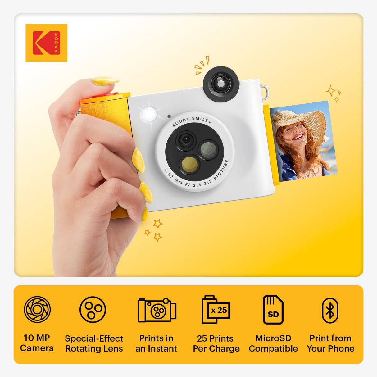 KODAK Smile+ Cámara Digital instantánea 2-en-1 y Impresora Bluetooth - 10MP, Lente giratoria con Efectos, Fotos Adhesivas Zink 2x3”, Imprime Desde App en Dispositivos Inteligentes - Blanco