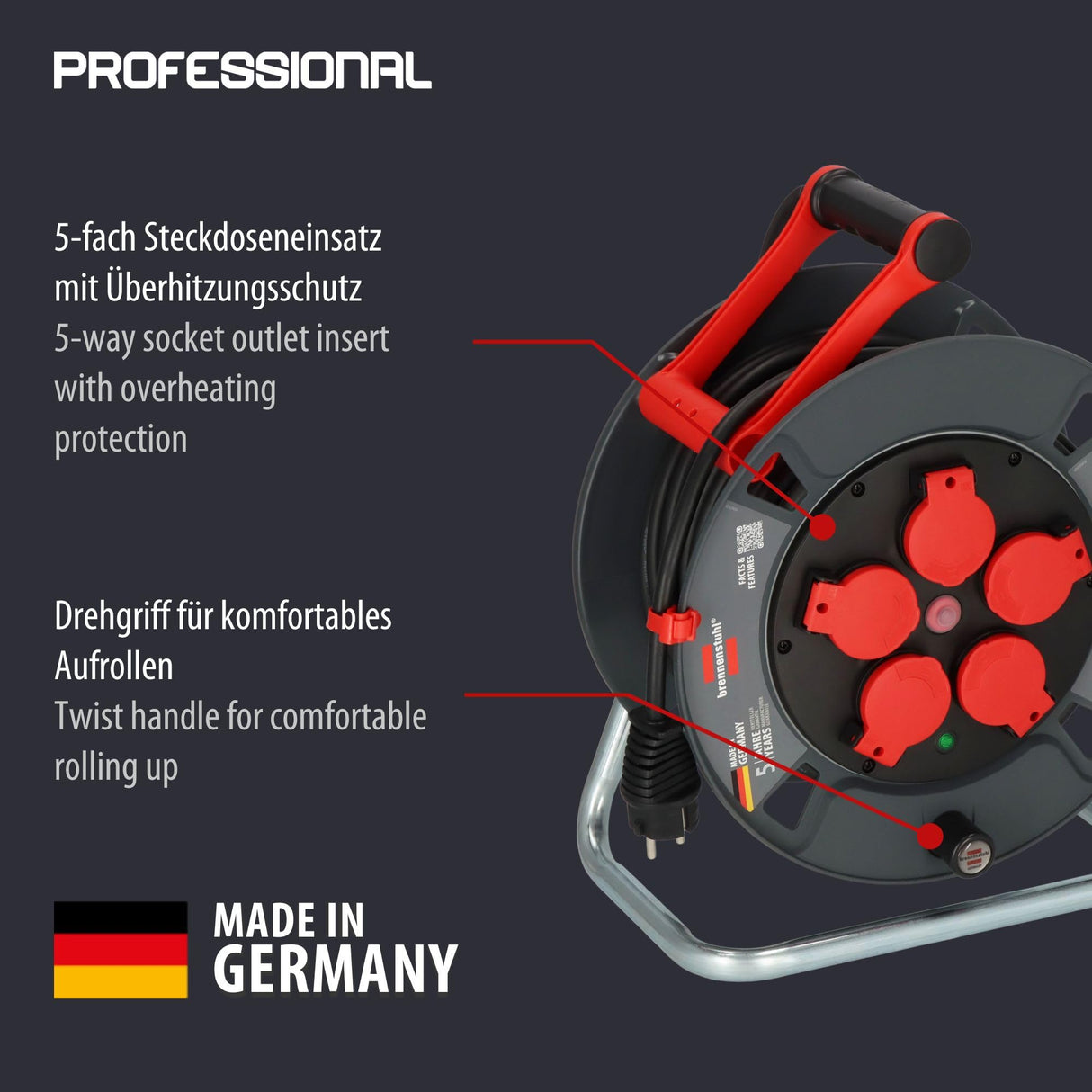 Brennenstuhl Carrete de cable profesional 300 KU 2200 (cable de 25 m en negro, fabricado en plástico especial, para uso en obras de construcción y uso permanente en exteriores, fabricado en Alemania)