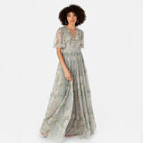 Anaya with Love Women's Maxi Dress Ladies V-Neck Short Angel Sleeves Tiered Ruffle For Bridesmaid Wedding Guest Occasion Prom Ball Gown Vestido, Floral Sage Green, 44 para Mujer