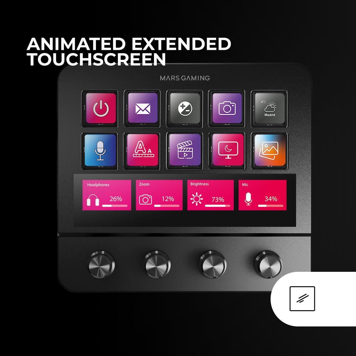 Mars Gaming MSD-Pro, Control Deck, 10 Teclas LCD y 4 Diales Personalizables, Pantalla Táctil Extendida Animada, Base Ajustable; Software de Control, Hub USB con 2X USB 3.0 + 1x USB-C, Negro