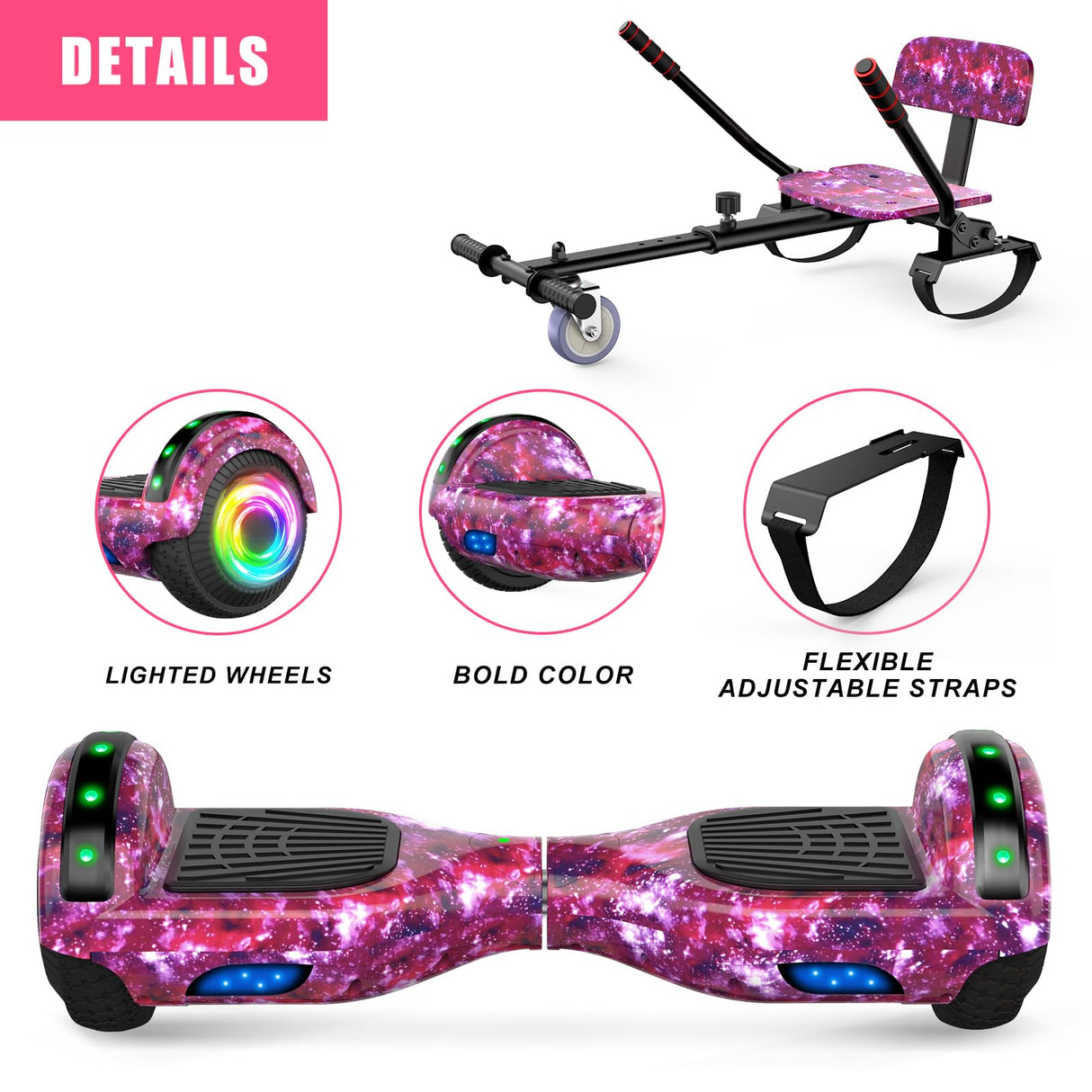 SISIGAD Hoverboard Kart, Hoverboard Todo Terreno Autoequilibrado de 6.5/‘ Pulgadas con Altavoces Bluetooth y Luces LED Hoverboard Niño,Starry Sky Purple,HY-A02