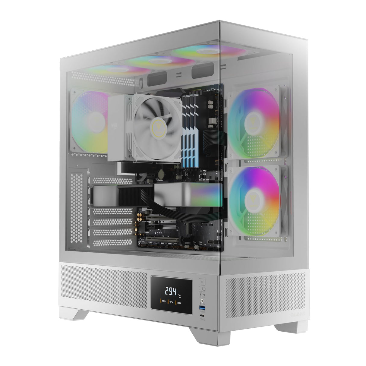 GAMDIAS Atlas M1 WH Gaming ATX Mid Tower - Carcasa para computadora de computadora de Torre Media, Monitor Personalizado con Software, Ventiladores ARGB PWM de 3 x 120 mm (2 entradas), Pantalla