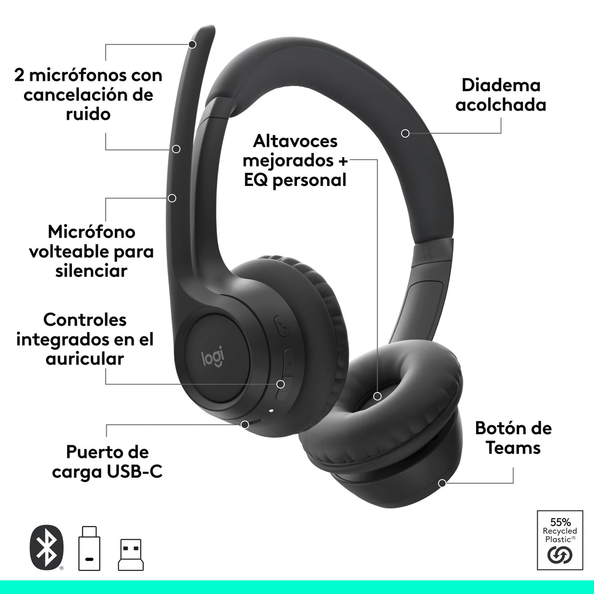 Logitech Zone 305 for Business, auriculares inalámbricos Bluetooth con micrófono, para Microsoft Teams, compatible con Windows, Mac, Chrome, Linux, iOS, iPadOS, Android - Negro