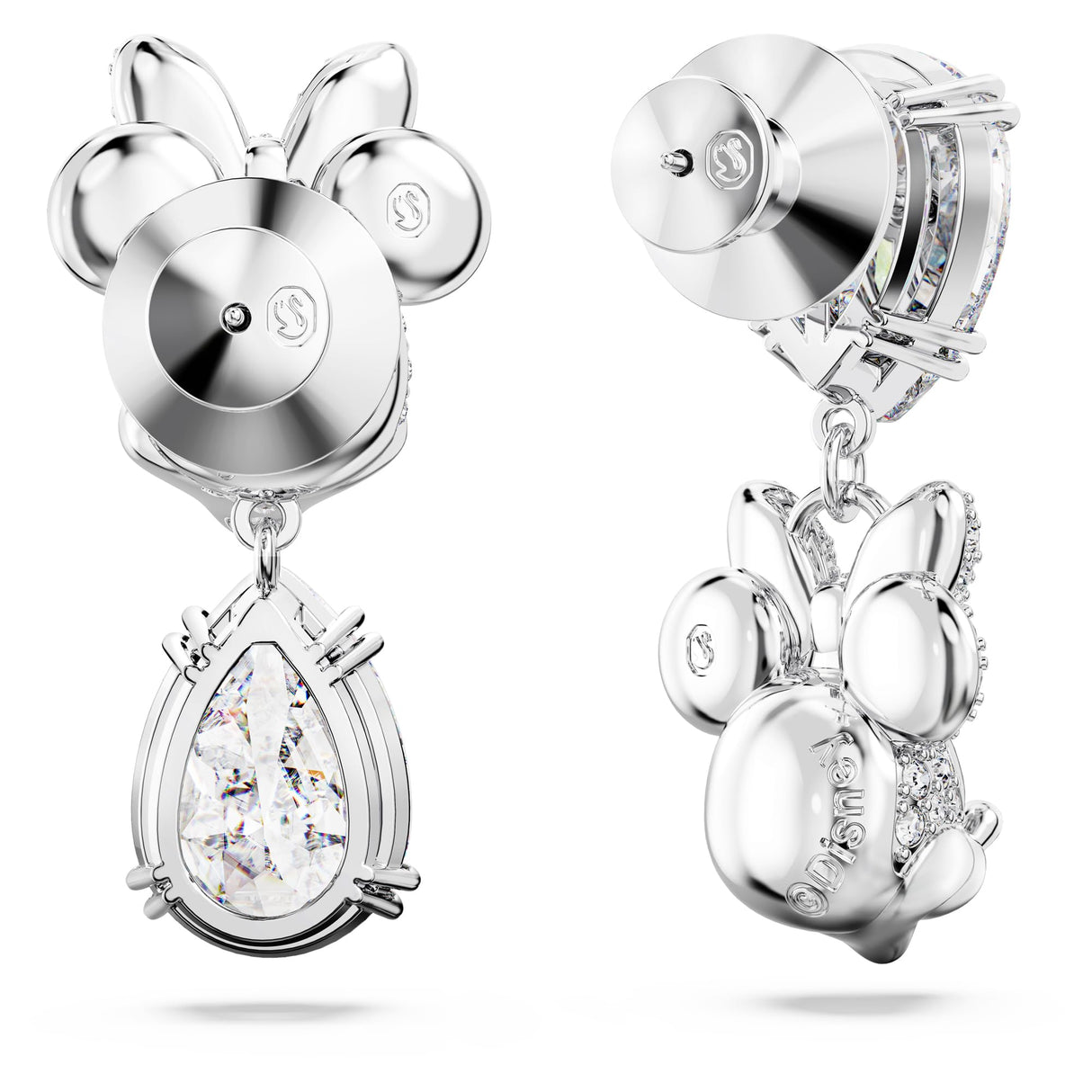 Swarovski Disney100 Pendientes Disney Minnie Mouse, Diseño asimétrico, Cristales Blancos, Baño de Rodio