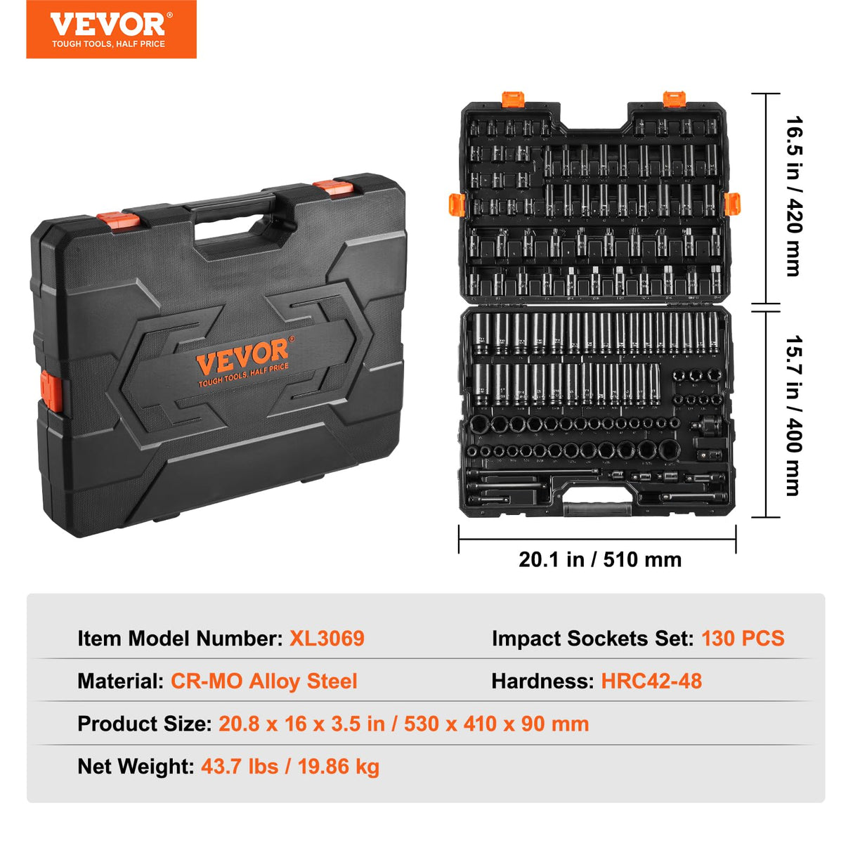 VEVOR Juego de Vasos de Impacto 9,5mm y 12,7 mm Juego de Vasos de Impacto Métricos 130 piezas Acero de Aleación CR-Mo 6 Puntos Marcas de Tamaño Fáciles de Leer para Reparación de Automóviles, Taller