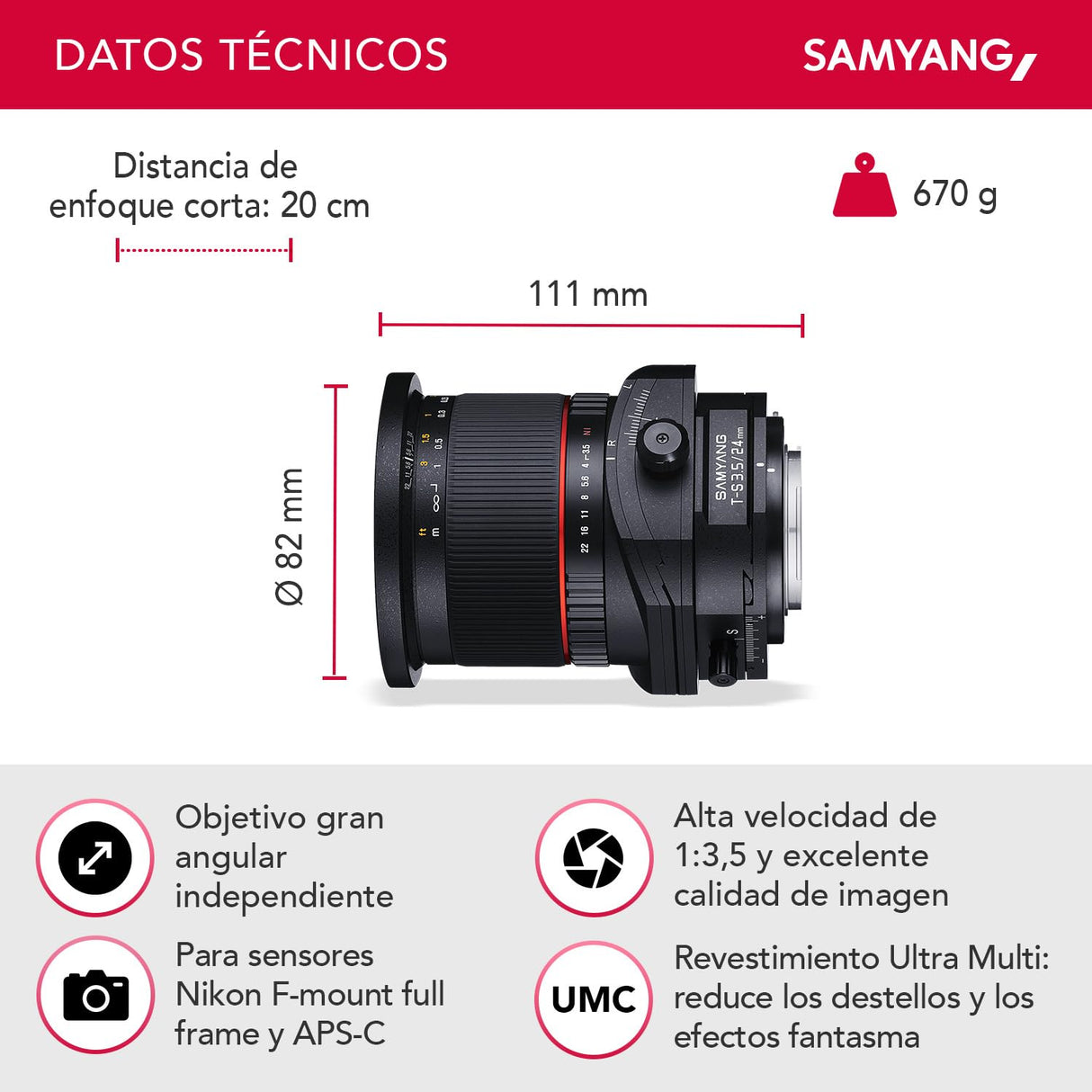 Samyang F1110903101 - Objetivo fotográfico DSLR para Nikon (Distancia Focal Fija 24mm, Apertura f/3.5-22 T/S ED AS UMC, diámetro Filtro: 82mm), Negro