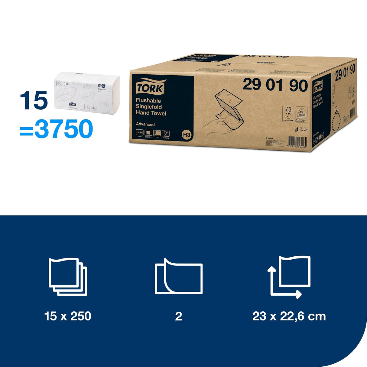 Tork 290190 Toallas de mano Advanced desechables, plegadas en V compatibles con el sistema de Tork H3, 2 capas, blanco, 15 x 250 hojas (23 x 23 cm)