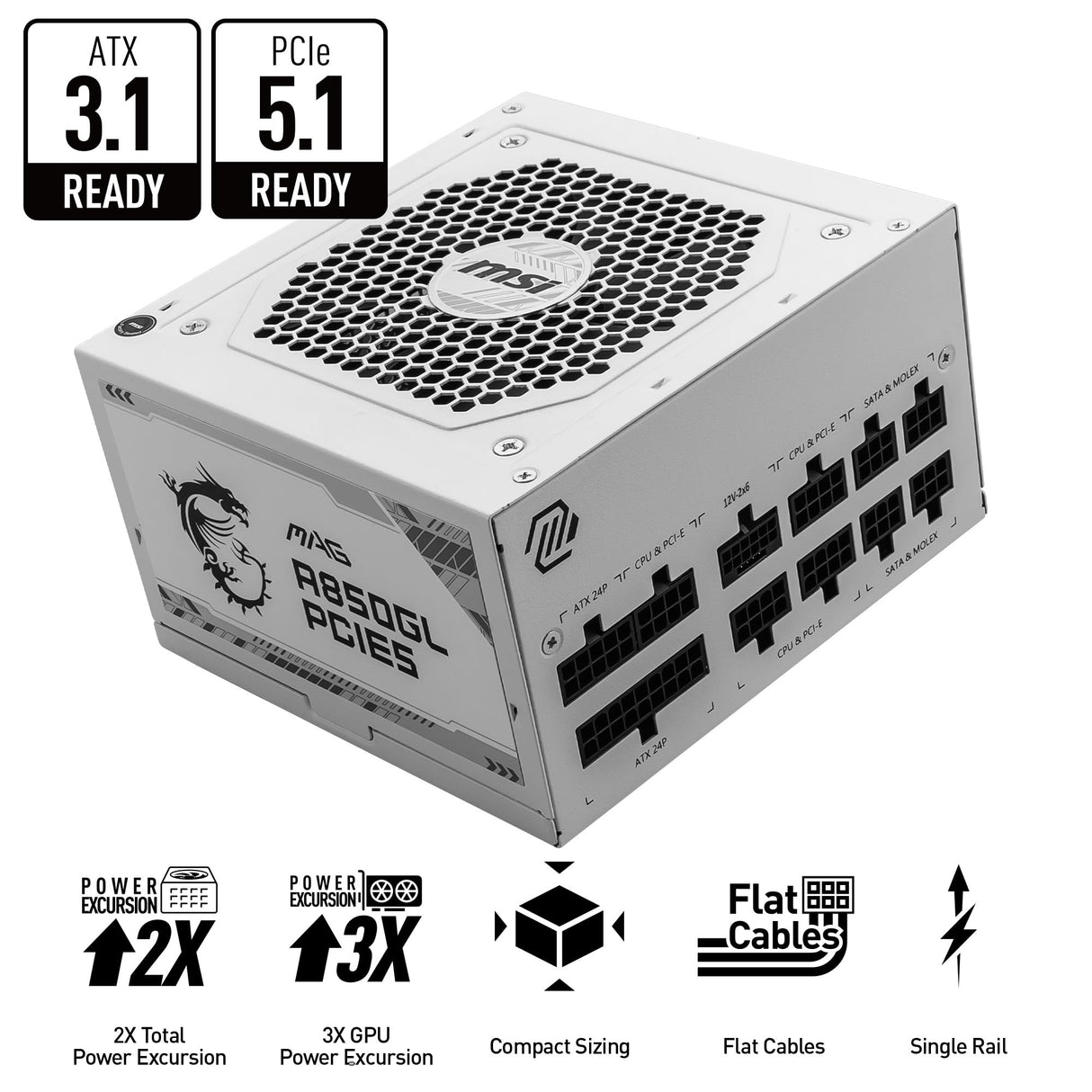 MSI Fuente de alimentación totalmente modular ATX de 850 W - MAG A850GL PCIE5 BLANCO - (Active PFC/80 PLUS Gold)