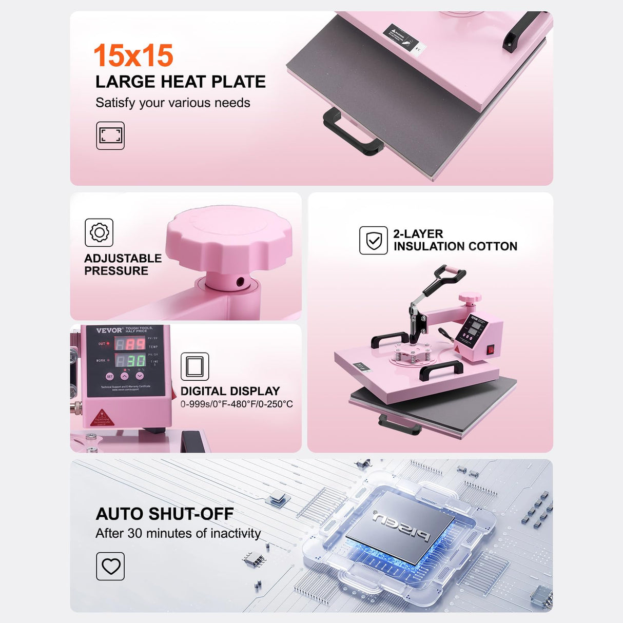 VEVOR 5 en 1 Máquina de Prensado por Calor con Prensa de Vaso de 887ml, 380 x 380 mm, Prensa Térmico con Giro de 360° y Control Digital Preciso para Camisetas, Tazas, Sombreros y Platos, Rosa