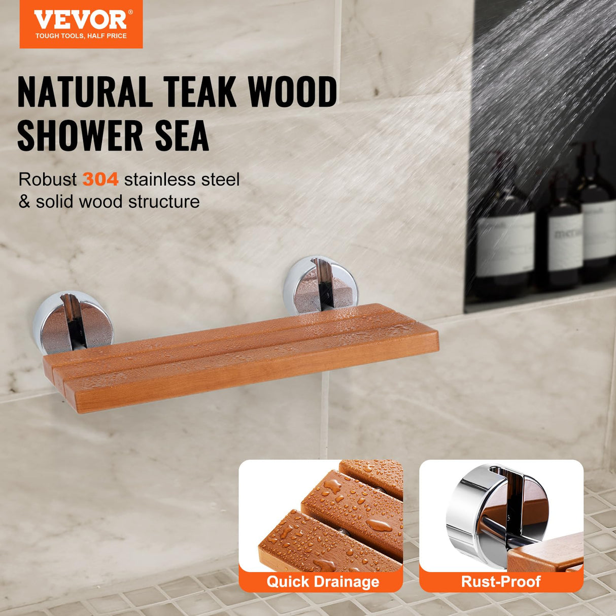 VEVOR Asiento de Ducha Plegable de Teca, 510 x 350 x 50 mm, Montado en la Pared con Capacidad de Carga de 199,58 kg, para el Cuidado del Hogar, para Personas Mayores, Mujeres Embarazadas y Niños