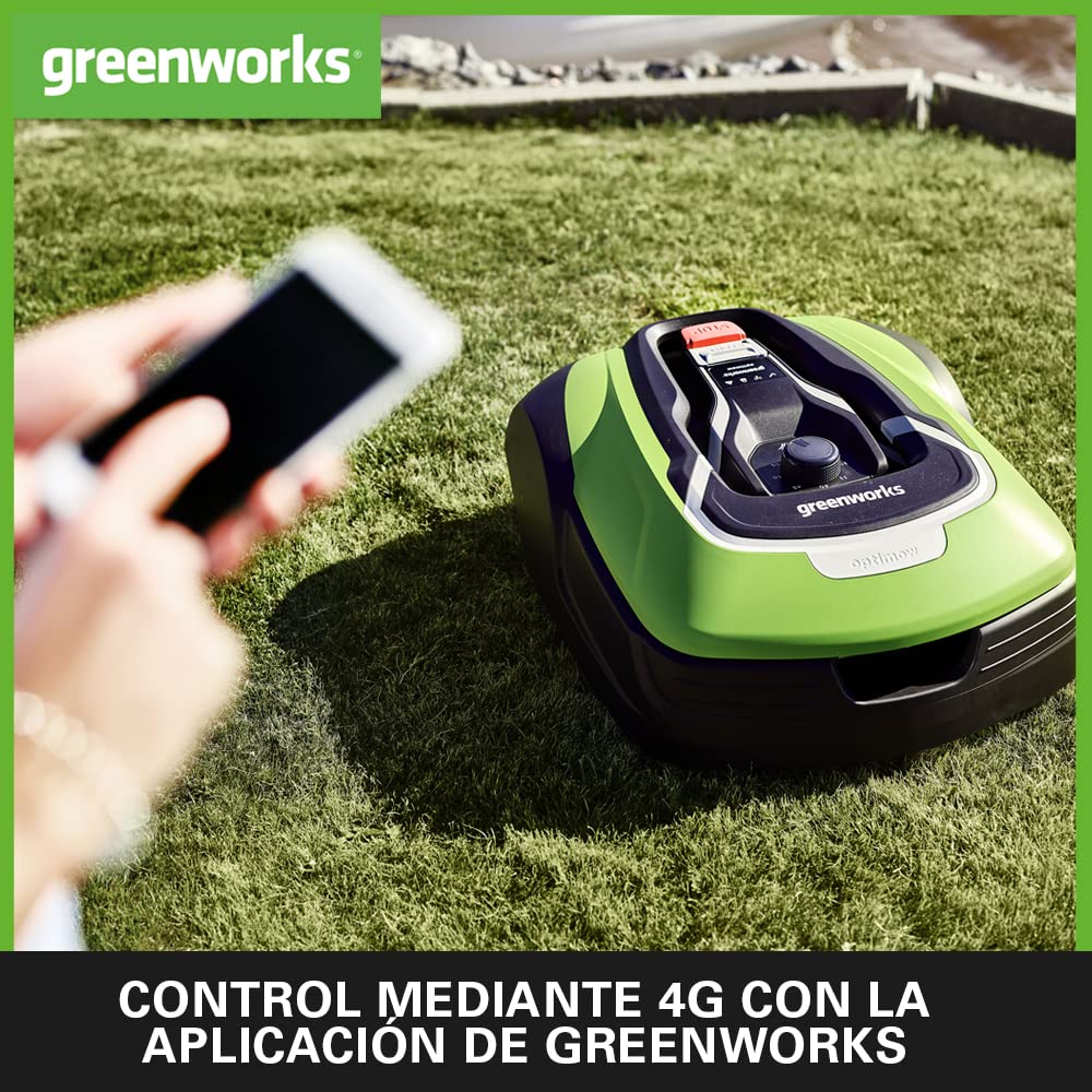 Greenworks Optimow 15 robot cortacésped para áreas hasta 1500m2, pendiente 35%, muy silencioso, 4G controlado, características de seguridad avanzadas, protección robo, 3 años de garantía