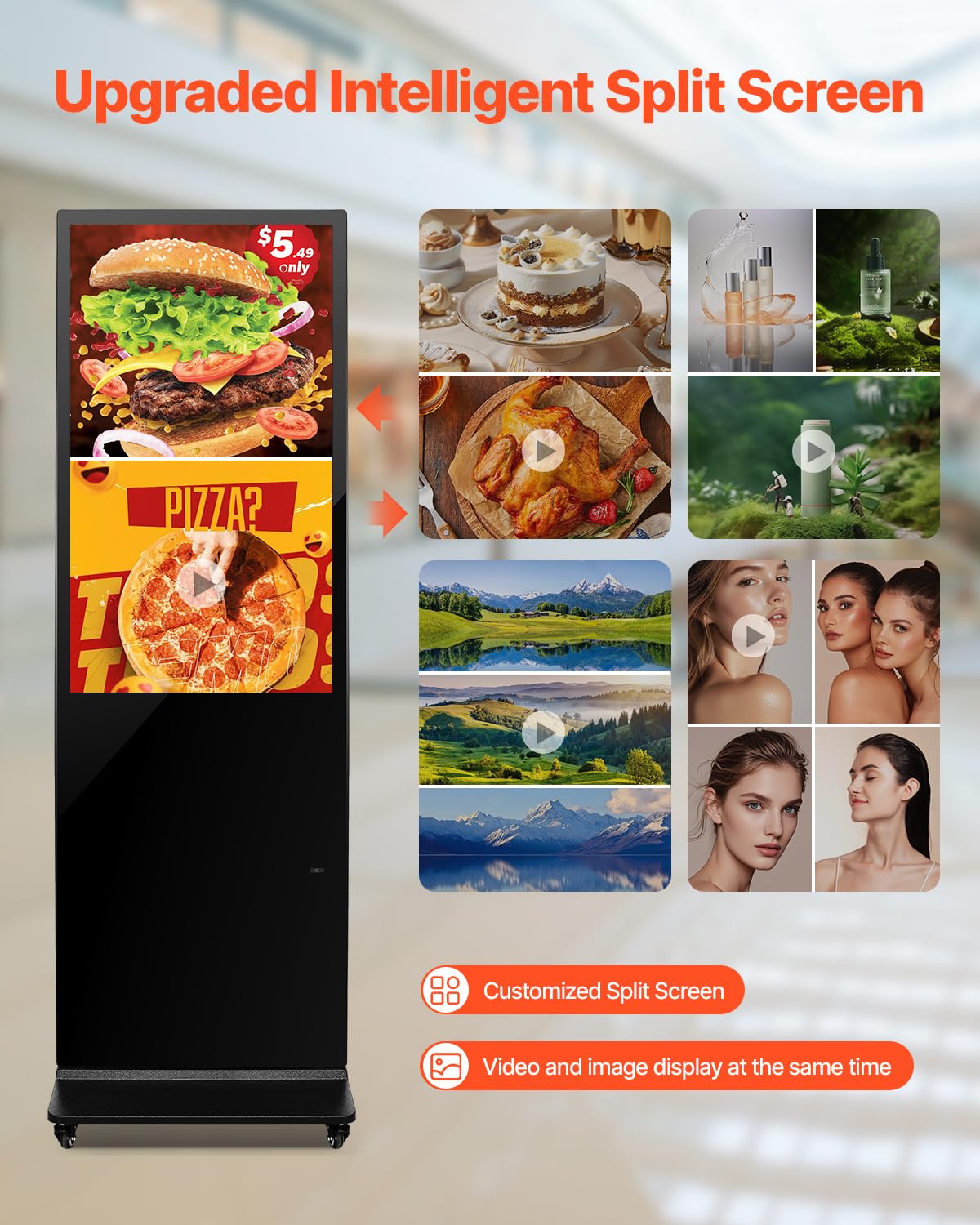 VEVOR Tope digital para clientes, pantalla publicitaria (tamaño de pantalla de 109 cm), pantalla LCD UHD de 2 K, 2 GB de RAM y 32 GB de ROM, pantalla de pie con WiFi, entrada HDMI/USB, pantalla táctil