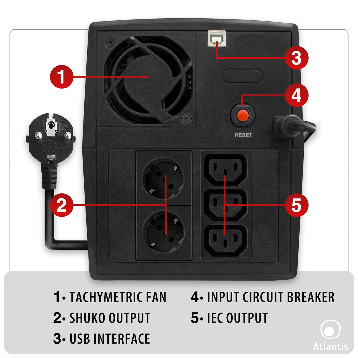 Atlantis OnePower 1200, UPS Line Interactive 1200VA/700W, AVR, Onda Pseudosinusoidal, 3 Tomas IEC+2 enchufes Schuko, 2 Pilas 12 V 7Ah