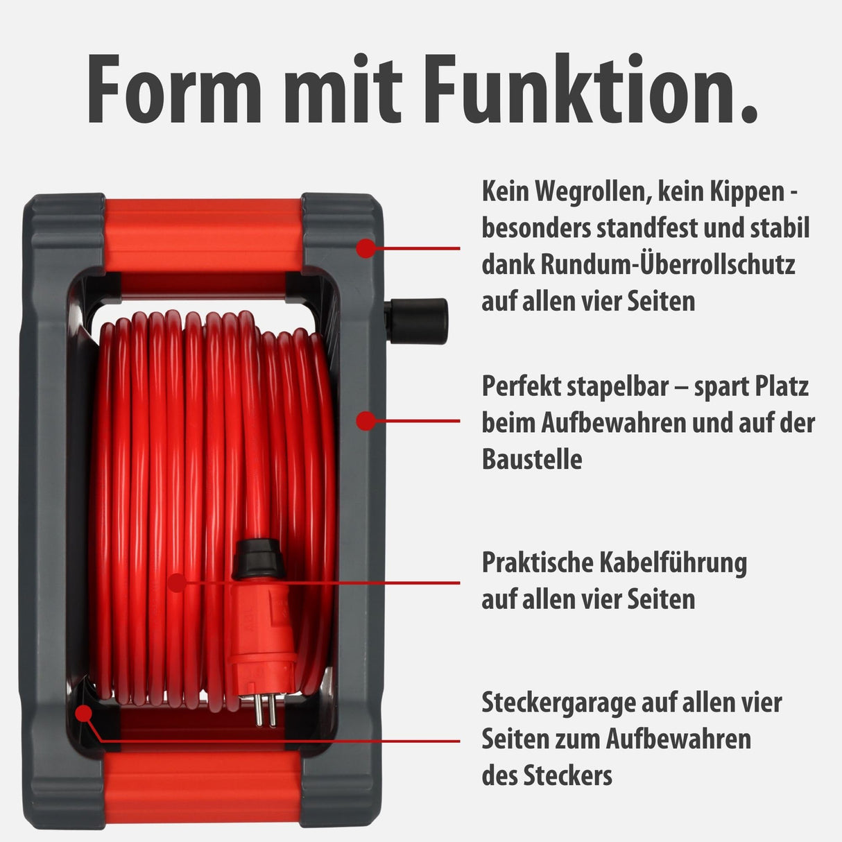 Brennenstuhl Profesional KA 3210 5 IP44 Carrete de cable para instalaciones de construcción (cable H07BQ-F 3G2,5 de 33 m en rojo, 5 enchufes, uso en obra y exterior permanente, fabricado en Alemania)