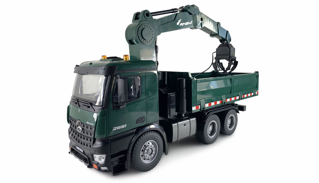 Amewi Mercedes-Benz Arocs Camión grúa con volquete RTR Verde, Incluye batería y Mando a Distancia