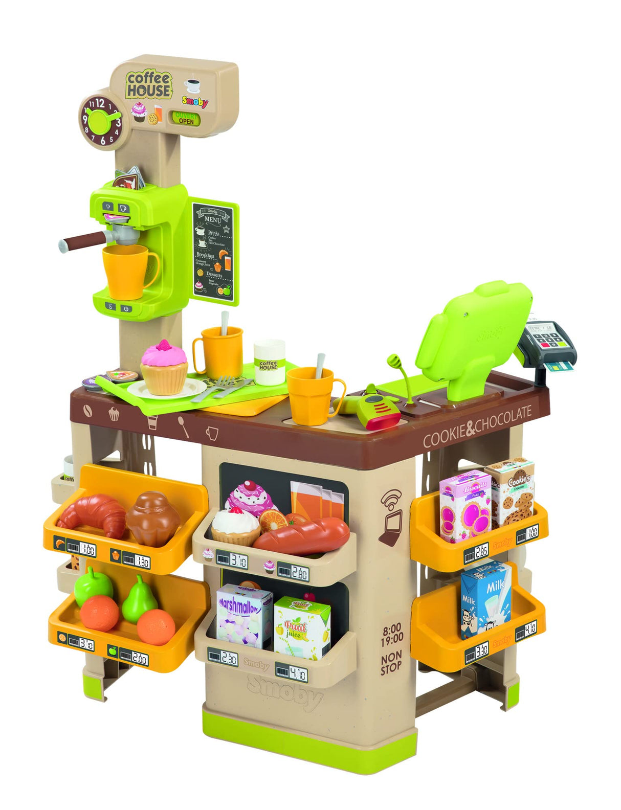 Smoby - Roleplay Coffee House, 7600350232, 3 Años, 57 Accesorios, Cafetera, Caja registradora, H. 89 cm