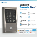 Schlage BE499WB CEN 619 Encode Plus WiFi Deadbolt Smart Lock, Keyless Entry Touchscreen Door Lock with Century Trim, Satin Nickel