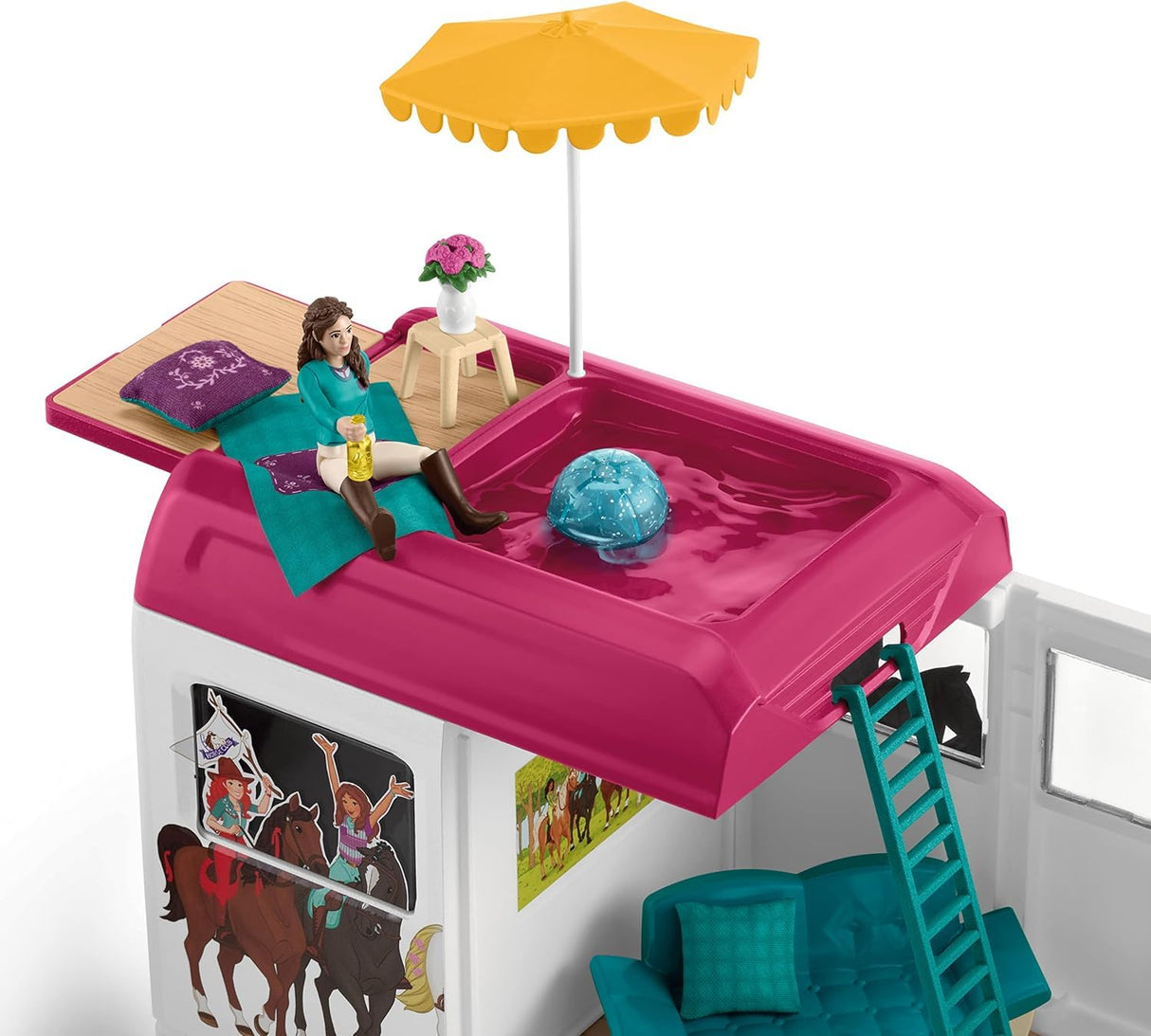 Schleich Horse Club 42619 — Set Transporte de Caballos con Remolque y 3 Figuras, 227 Piezas — Animales de Juguete Coleccionables — Set de Caballos — Juguetes para Niños de 5 Años o Más