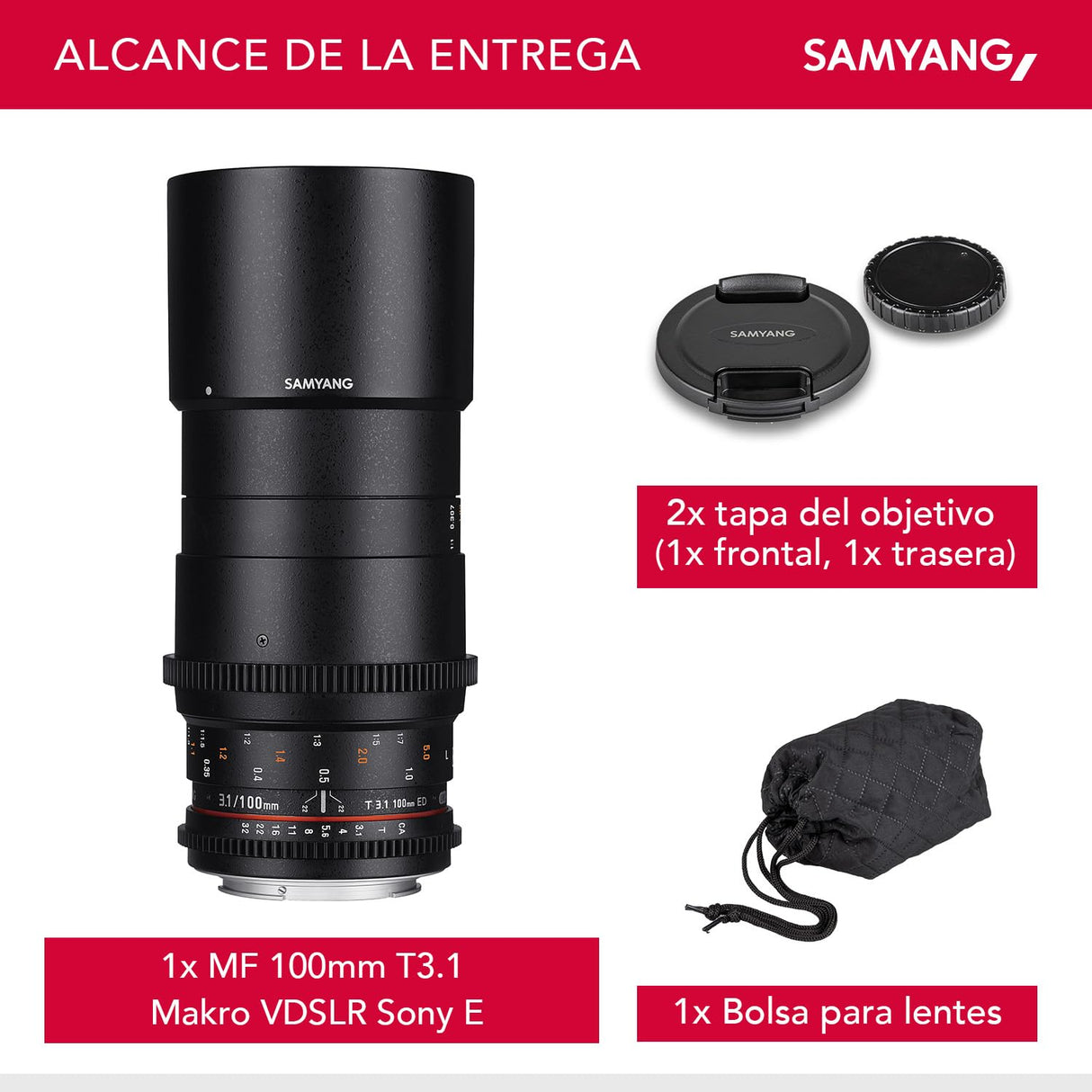 Samyang F1312306101 - Objetivo para vídeo VDSLR para Sony E T3.1 AS IF UMC II (Distancia Focal Fija 100mm, diámetro Filtro: 67mm), Negro