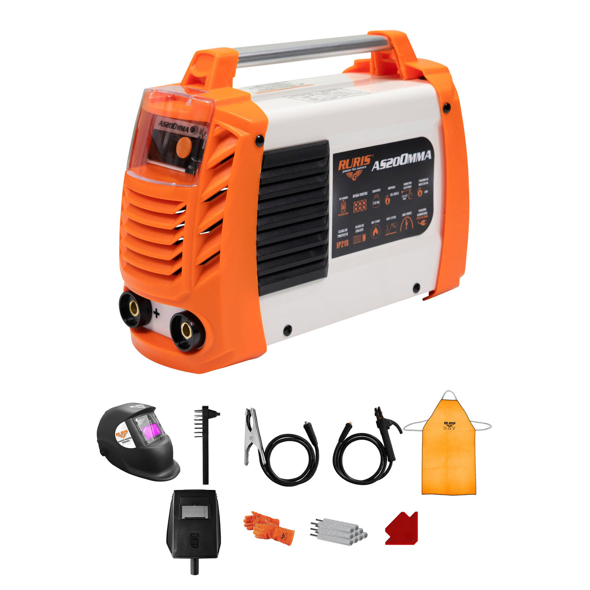 RURIS - Máquina de soldadura Ruris AS200MMA + máscara + martillo/cepillo + 2,5 kg electrodos rutilicos 3,2 mm + imán + guantes + máscara de soldadura soldador con células solares + delantal