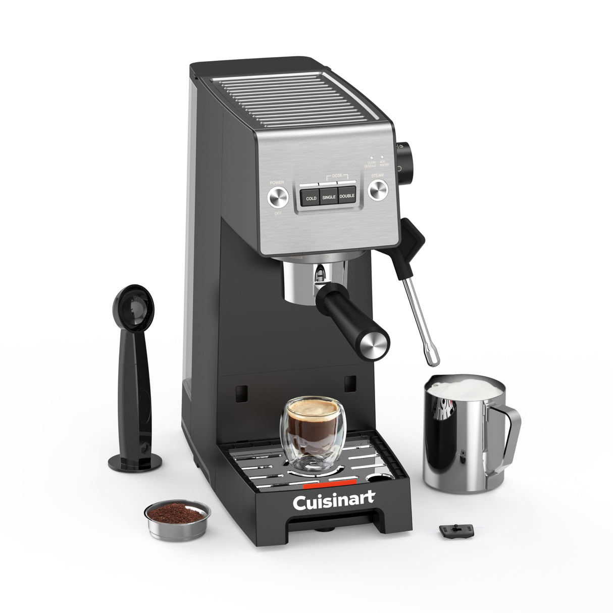 Cuisinart® Máquina de Espresso Slim | Espresso, Americano, Cold Brew | Vaporizador de leche | 15 bares | Portafiltro sin fondo | Compacta | 1,5L | Tazas de viaje