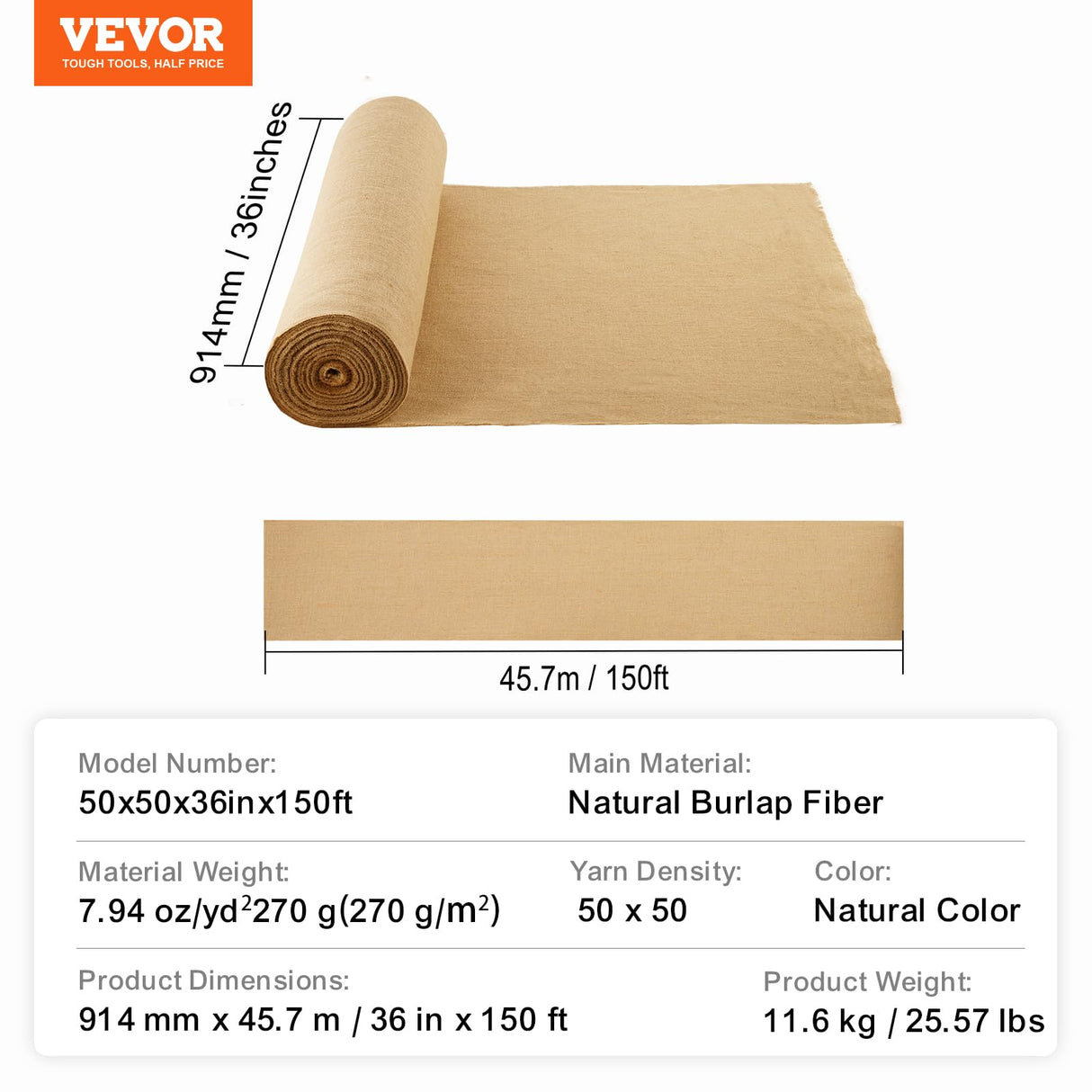 VEVOR Rollo de Tela de Arpillera de 914 mm x 45,7 m, 50 x 50 Rollos de Tela de Arpillera Natural de Alta Densidad de Ancho, Rollo de Tela de Yute para Envolver Árboles, Decoración, Manualidades