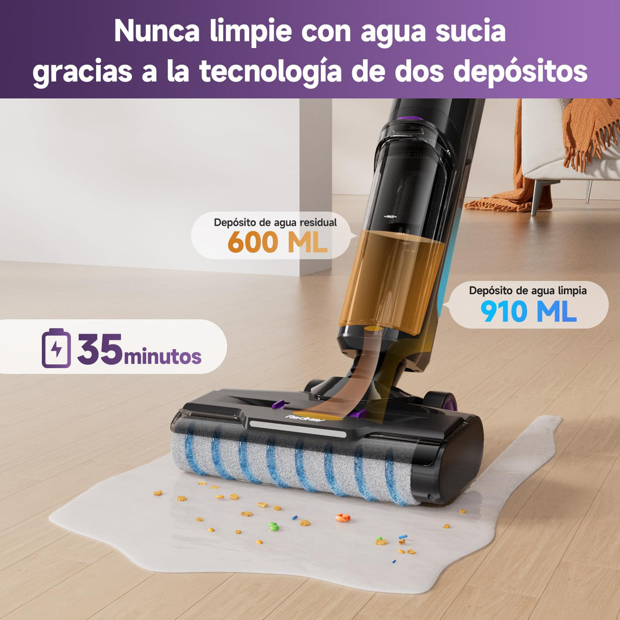 Redkey W15 Aspirador Vertical Fregona Sin Cable Agua, Aspirador Barredor 3 en 1, Potente Absorción de Agua y Polvo, Placa Única de 5mm, 35min Larga Autonomía, Pantalla LED, Limpieza Automática