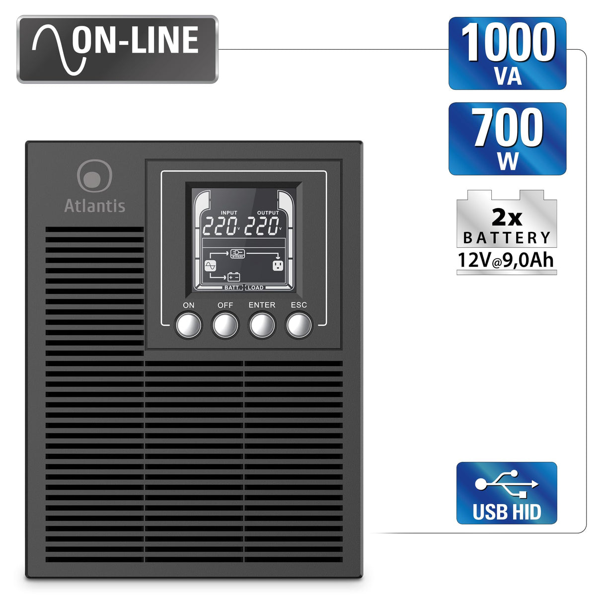 Atlantis A03-OP1002XLN Online 88% Quieter Server UPS Double Conversion Pure Sine Wave 1000VA 700W, Low Noise Fan Gelid 23,6 dBA, USB,2 Schuko + 1 IEC, 2x12V-9Ah