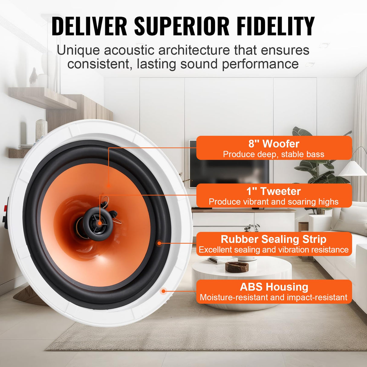 VEVOR 4 Altavoces de Techo de 205 mm, 100 W, Altavoces de Techo y de Pared de Montaje Empotrado con 8 Ω Impedancia 89 dB de Sensibilidad para Hogar, Sala de Estar, Dormitorio o Porches Cubiertos