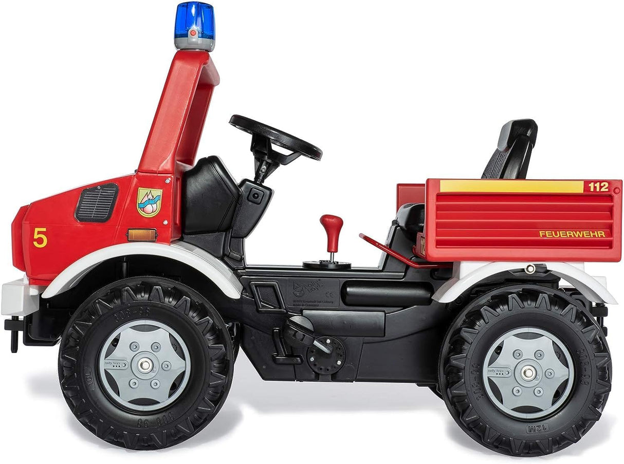 Rolly Toys Fire Unimog 038275 - Camión de Bomberos edición 2020 con Remolque (Coche a Pedales de 3 a 8 años, jeringuilla, Intermitente, Cambio de Marchas, Freno)