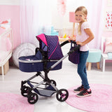 Bayer Design 18454AA Cochecito para muñecas Neo Vario con bolso cambiador y cesta de la compra, convertible en coche deportivo, altura ajustable, moderno, azul con patrón de unicornio y corazón