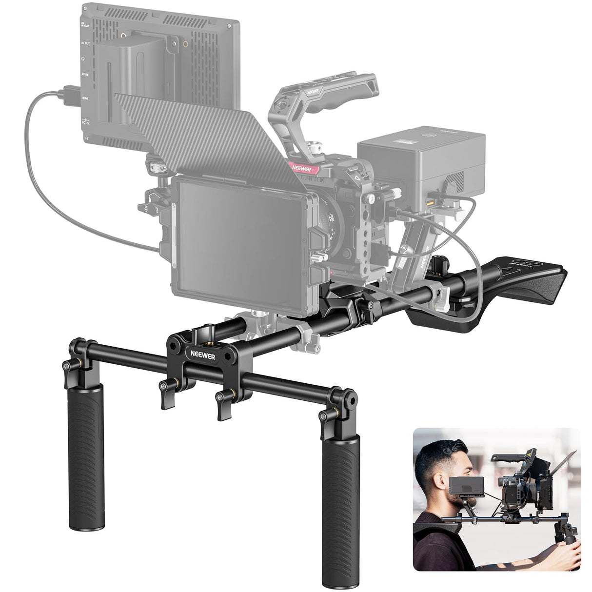 NEEWER Equipo de Hombro Mount Video Rig para Cámara DSLR y Videocámara Arca Liberación, Asas Dobles 15mm Varilla(16"/40cm), Estabilizador Video para Cine Compatible con SmallRig Follow Focus, SR007