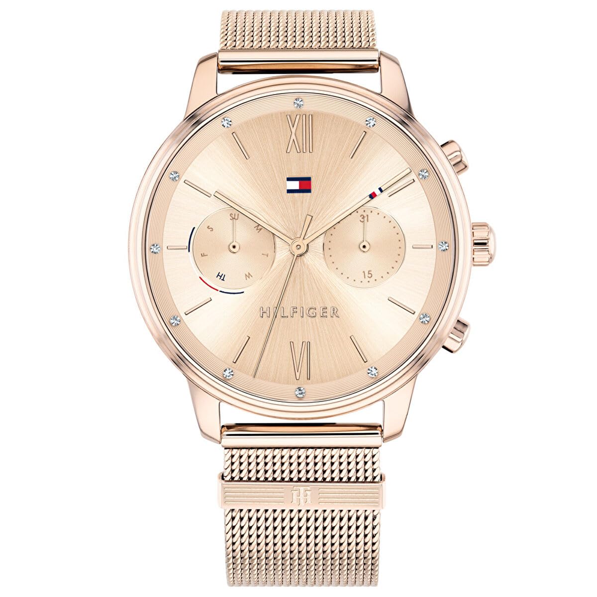 Tommy Hilfiger Reloj Analógico de Cuarzo Multifunción para Mujer con Correa de Malla de Acero Inoxidable de Oro Rosa - 1782303