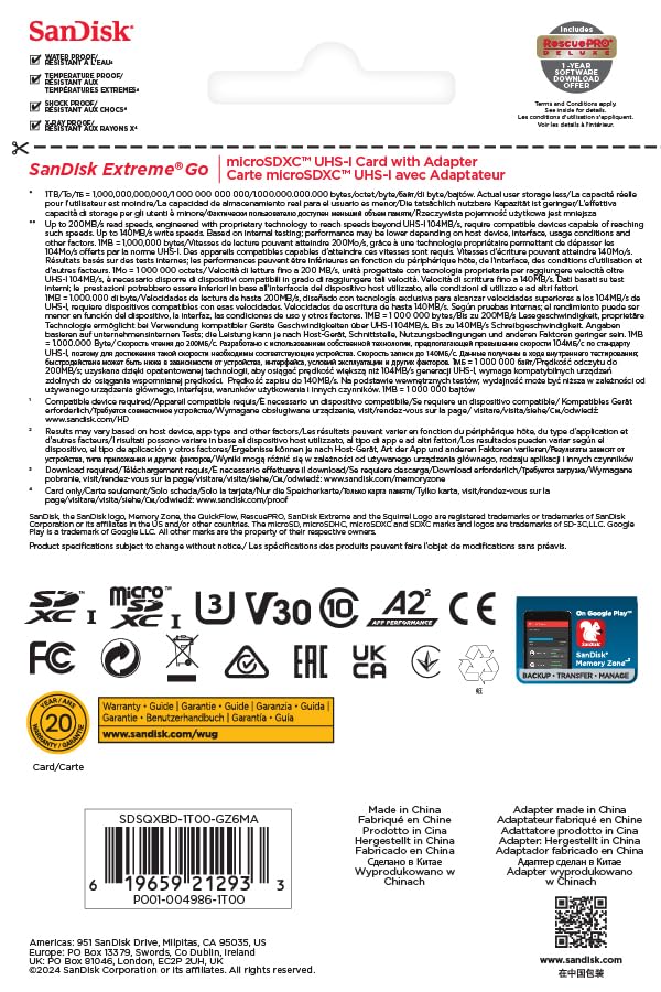 SanDisk 1TB Extreme Go Tarjeta Micro SD + Adaptador SD (para Smartphones y tabletas Android, Action Cams, Drones, UHS-I, hasta 200 MB/s, 5k, 4K UHD, V30, Rescue Pro Deluxe, Class 10, U3) para Amazon