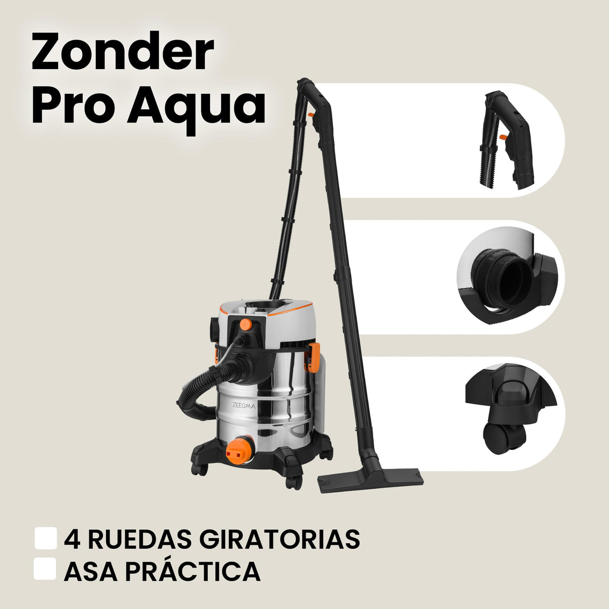 Zeegma ZONDER Pro Aqua Aspirador en seco y húmedo 1400 W, para Alfombras Coche Tapicería Escaleras, Depósito de Agua Limpia de 4 L, Juego de Filtros y Boquillas de Lavado