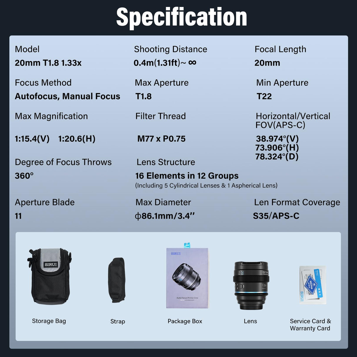 SIRUI Lente anamórfica T1.8 1.33X de 20 mm, lente de enfoque automático S35 para cámaras de montaje L, DC-S5/S5M2, DC-S1/S1H/S1R, DC-S9, SL1, CL, FP, FPL (destello azul)