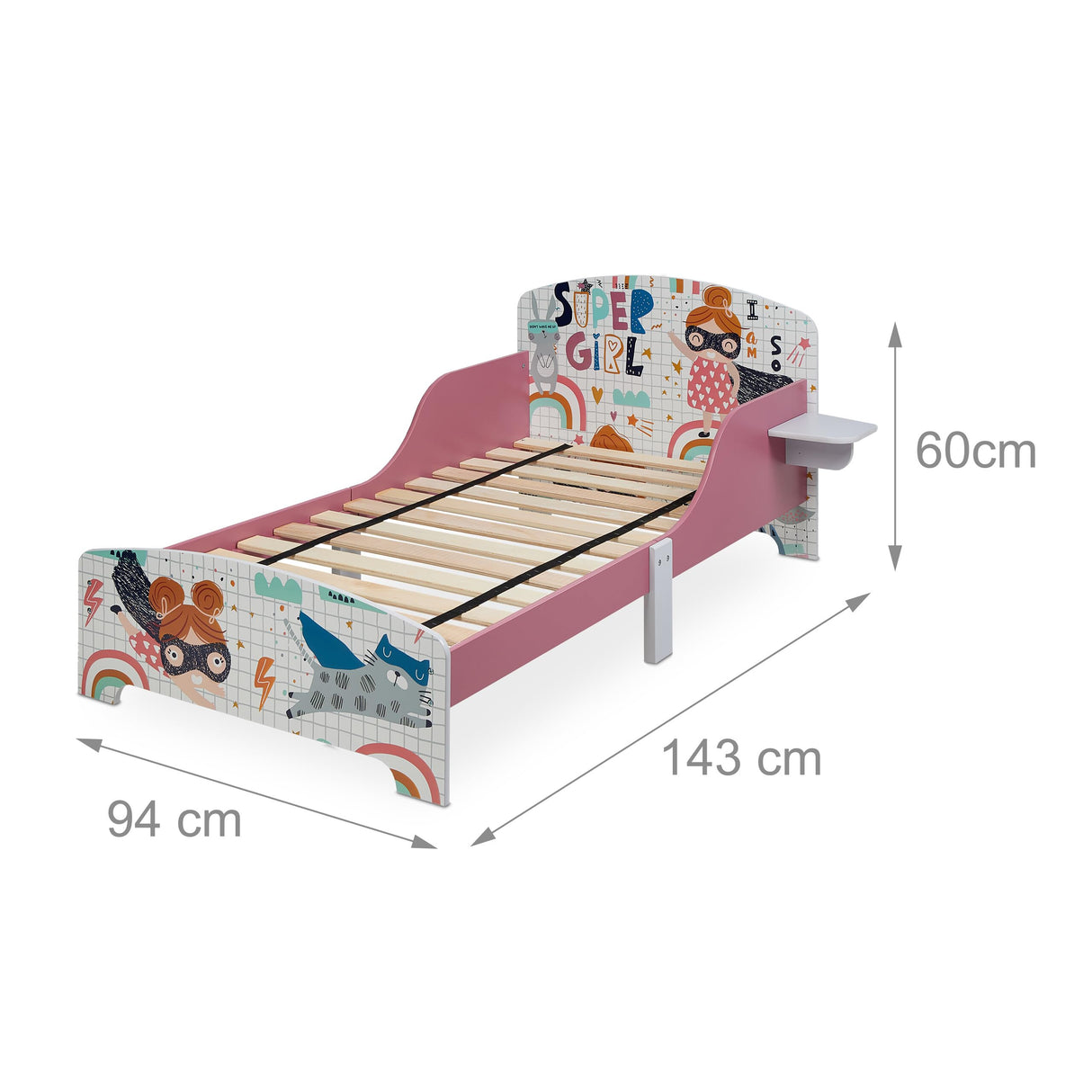 Relaxdays Cama Infantil con Estante, Baja, Somier Láminas, Barandillas, Diseño Superheroína, 60x94x143cm, Multicolor