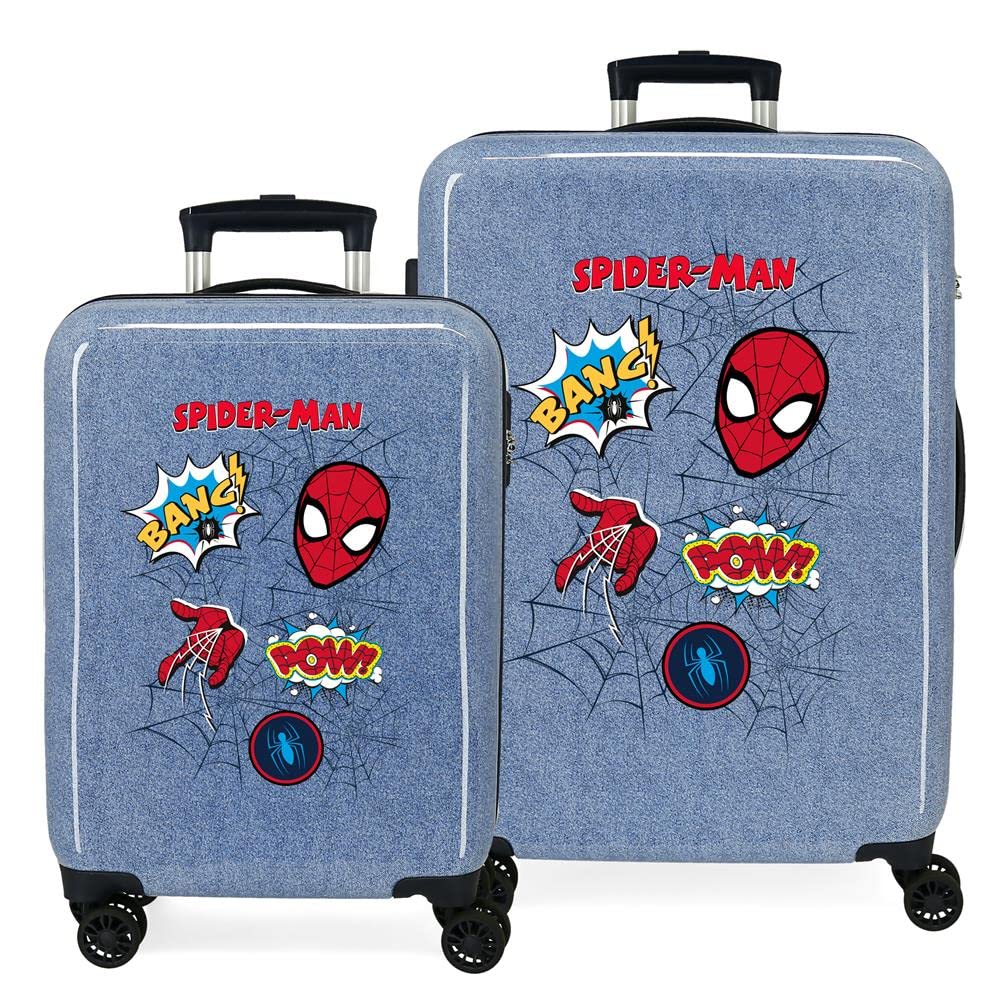 Marvel Spiderman Denim Juego de maletas Azul 55/68 cms Rígida ABS Cierre de combinación lateral 104L 6 kgs 4 Ruedas Dobles Equipaje de Mano
