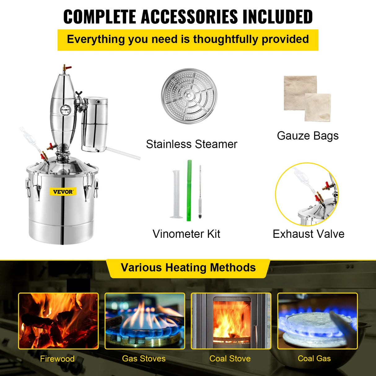 VEVOR Destilador de Alcohol 30 L Alambique Destilación Alcohol de Acero Inoxidable 304 Destilador Moonshine 0-150 ℃ Destilador de Bebida para la Elaboración Casera de Vino Cerveza o Agua con Vinómetro