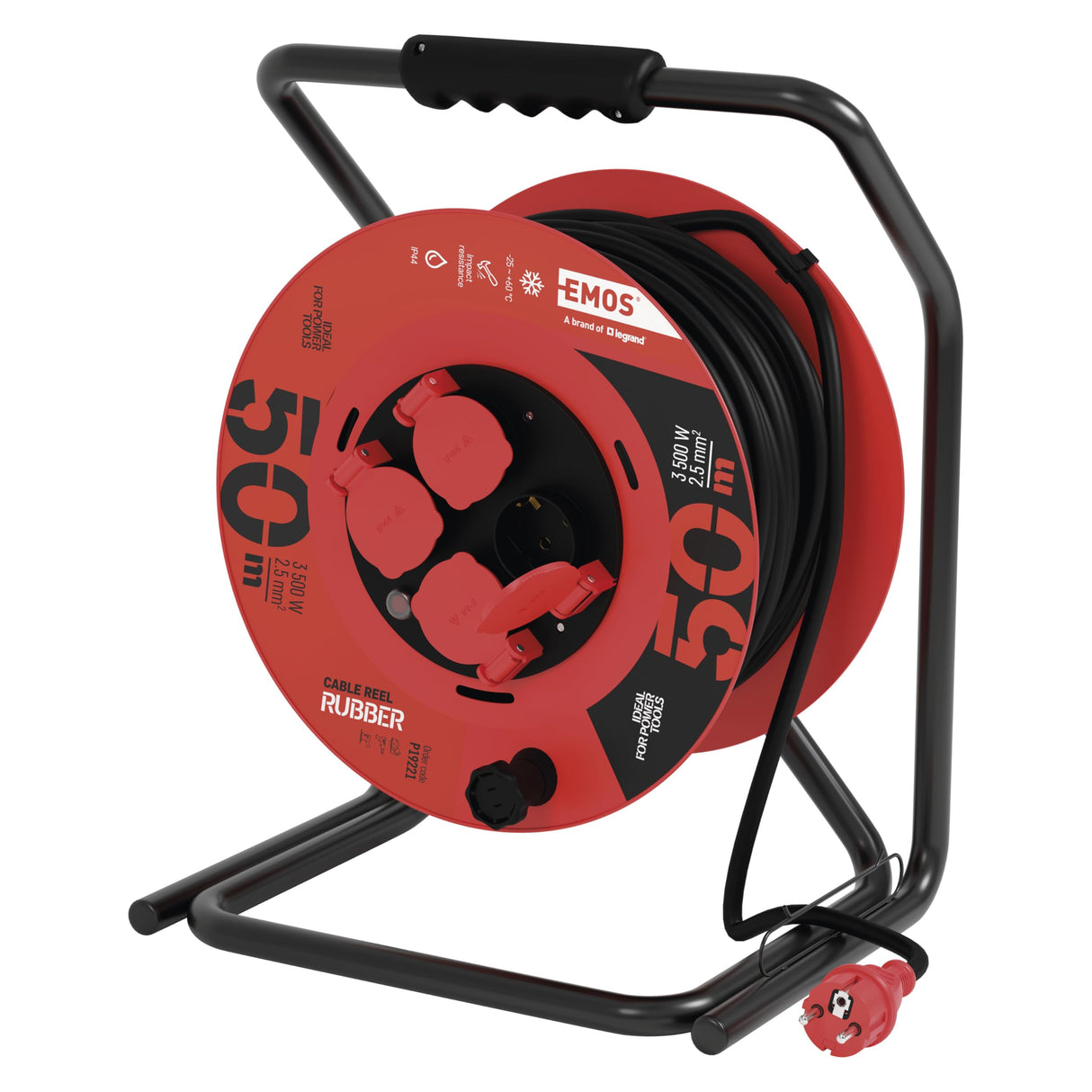 EMOS P19221 Carrete de Cable de 50m-4 enchufes Schuko-Impermeable, Impactos, Resistente a temperaturas-230 V, 15 A, 3500 W-Aislamiento de goma-H05RR-F 2,5 mm2-IP44 para Exteriores, Gris, Azul, Negro