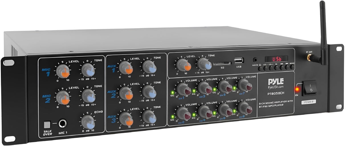 Pyle Amplificador de Sonido, 4000W, Bluetooth, Inalambrico, Sistema de Caja de Receptor Estereo, para el hogar, 8 Canales, RCA, USB, AUX, Altavoces, PA, Teatro, Estudio, Escenario