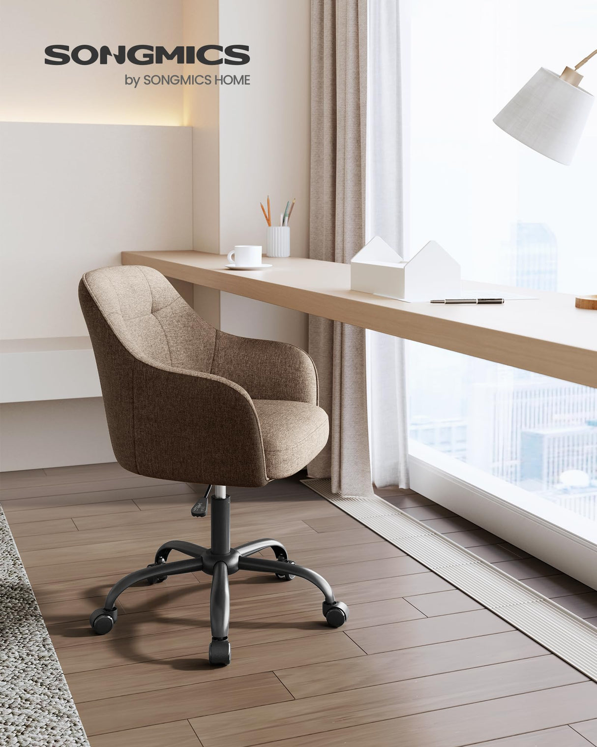 SONGMICS Silla de Estudio, Silla Giratoria, Altura Ajustable, Carga de 110 kg, Marco de Acero, Tela de Algodón-Lino Transpirable, para Estudio, Dormitorio, Marrón OBG019K01