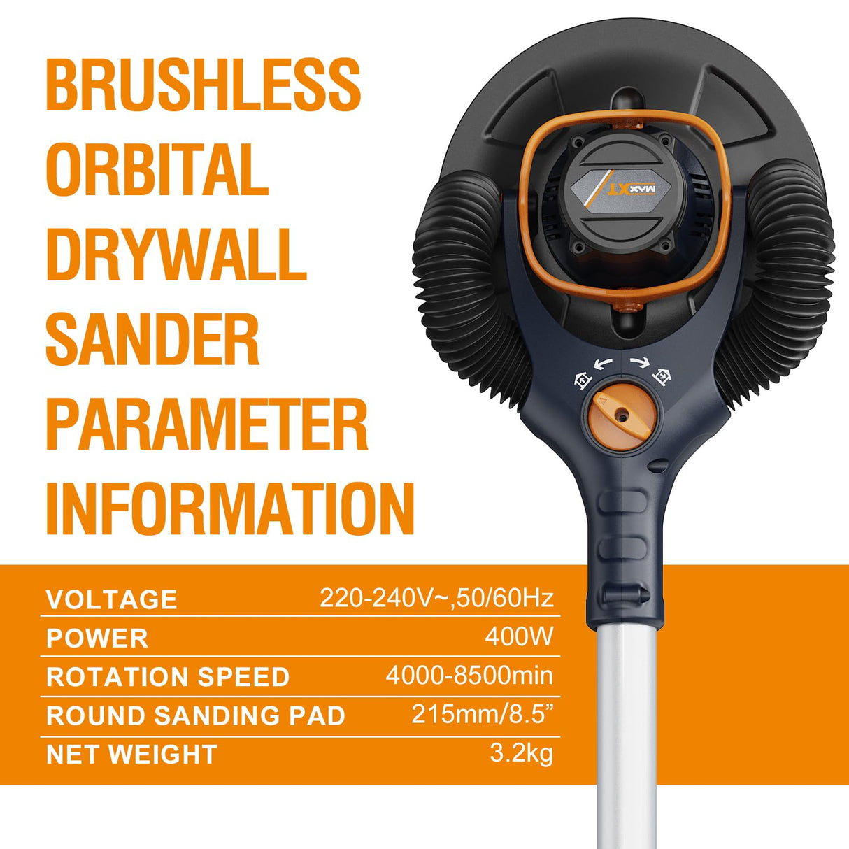 MAXXT Lijadora de Yeso Sin Escobillas - Órbita 4mm, Doble Canal con Adhesión al Techo, Modo Canal Simple/Doble para Paredes, 4000-8500 RPM, Luz LED, Plegable, 400W, Mango 1,65M, Plato 215mm
