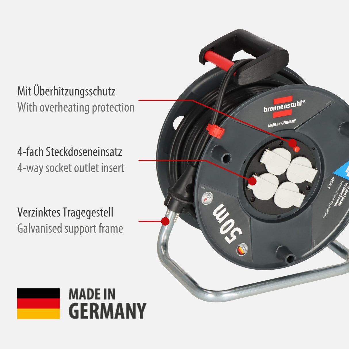 Brennenstuhl Garant V2 - Carrete alargador de cable (50 m, plástico especial, con protección contra sobrecalentamiento, fabricado en Alemania)