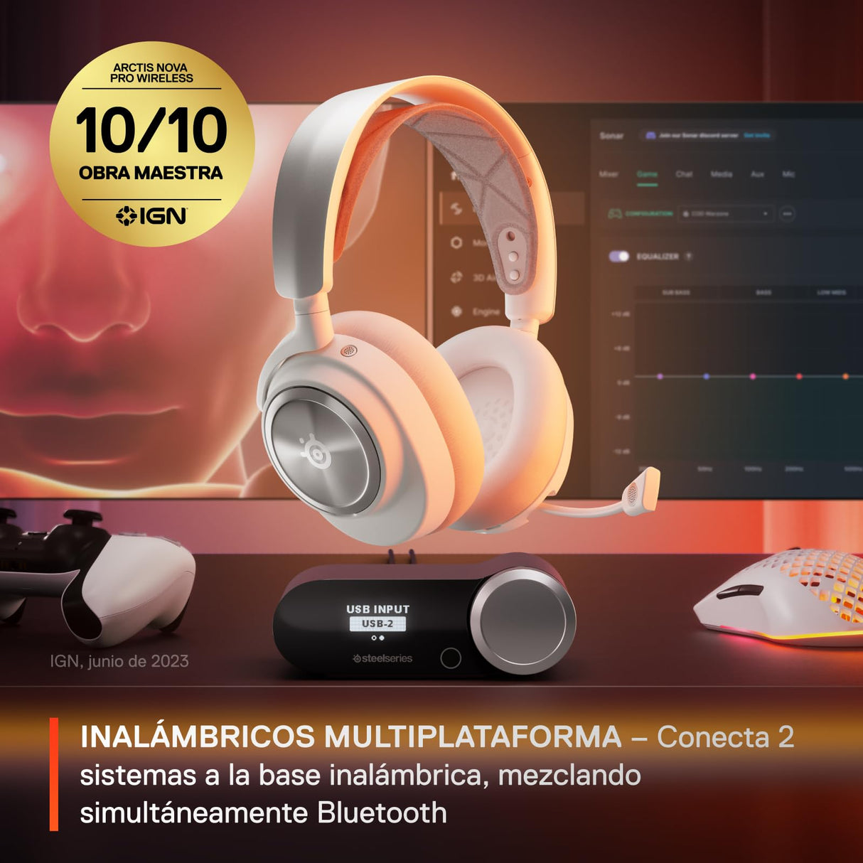 SteelSeries Arctis Nova Pro Wireless Blanco - Cascos Gaming Inalámbricos Multisistema - Controladores magnéticos de neodimio - Cancelación de ruido - Infinity Power System - PC, PS5, Switch 2, Móvil
