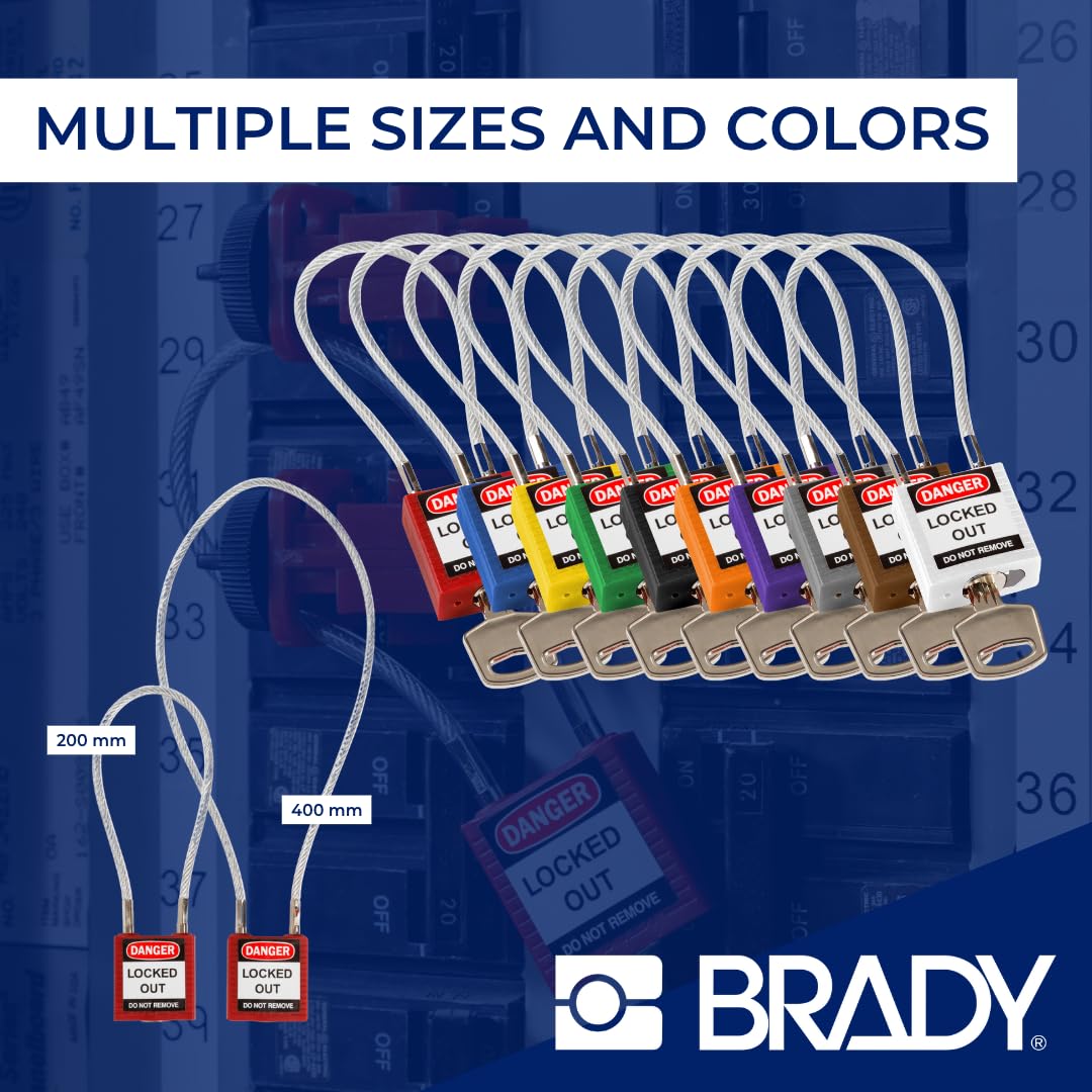 Brady Candado de Cable Compacto Paquete de 6 - Bloqueo de Seguridad Lockout Tagout - Candado de Seguridad - Llaves Diferentes - 32mm x 35mm x 16mm - Longitud del Cable 200mm, Rojo