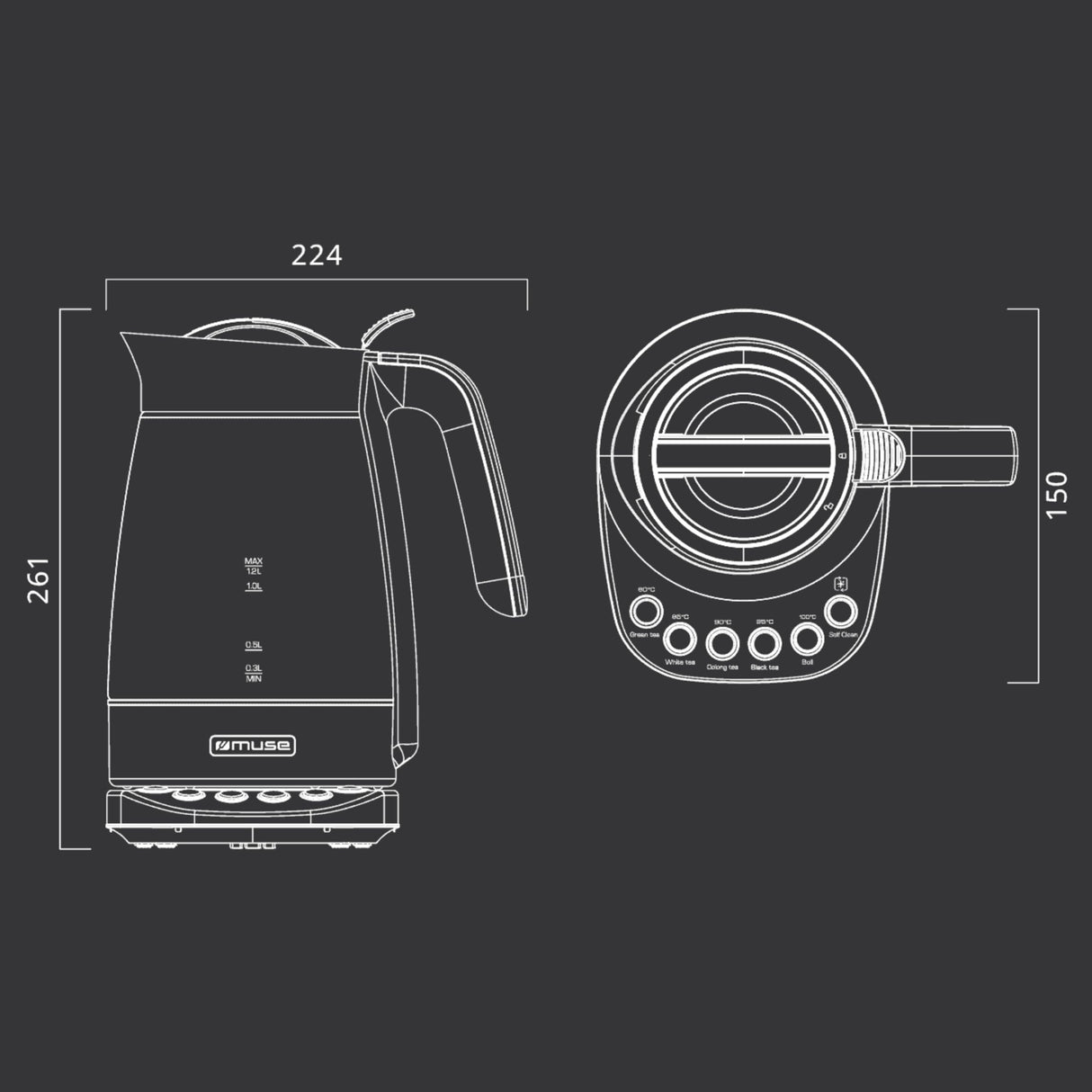 Muse MS320T. Tetera con carcasa de cristal, Función de mantener caliente, Cesta de té extraíble.