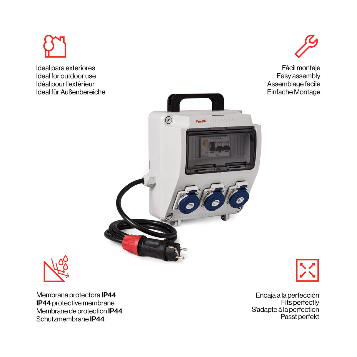 FAMATEL – Caja industrial precableada | IP44 | Con asa | 3 tomas | 2P+TTL | 16A | 250V Diferencial con magnetotérmico | Cable 1,5 m | 3 x 2,5
