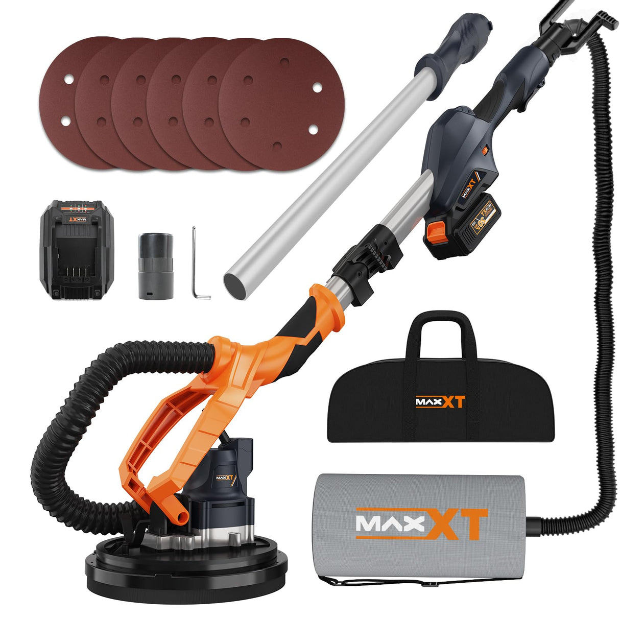MAXXT Lijadora de pared 20V sin escobillas: Sistema de auto-aspiración, Control de velocidad continuo (600-1200 RPM), Disco de 225 mm, Plegable (extensible 110-165 cm), Para paredes y techos